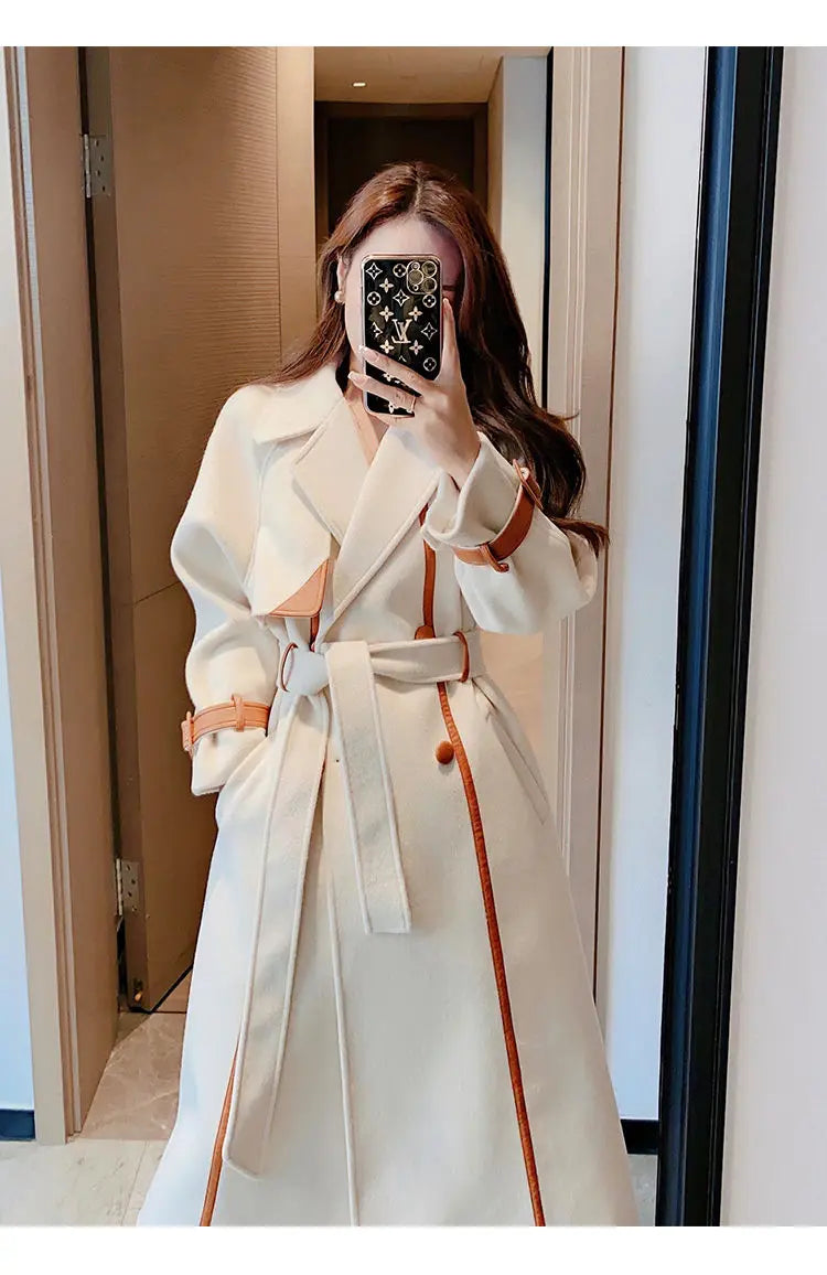 With belt Woolen Coat For women 2024 New Autumn Winter Fashion Slim Temperament Lapel Color blocked Thicken Wool Overcoat Female