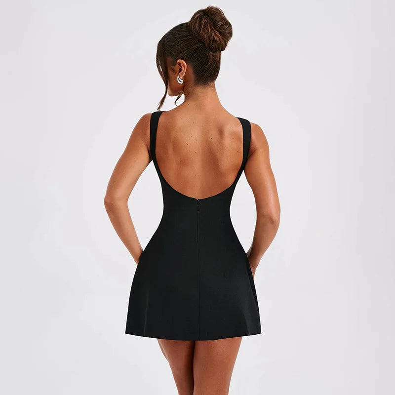 Backless Mini Dress A-Line Silhouette Slim-Line — Black | KIMLUD