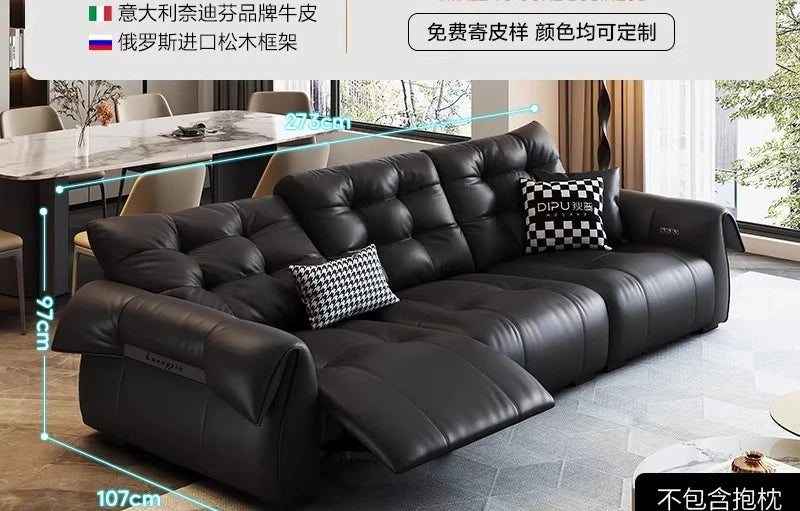 Full-Grain Leather Minimalist Multifunctional Sofa With Sculpted Modular Form — Black | KIMLUD