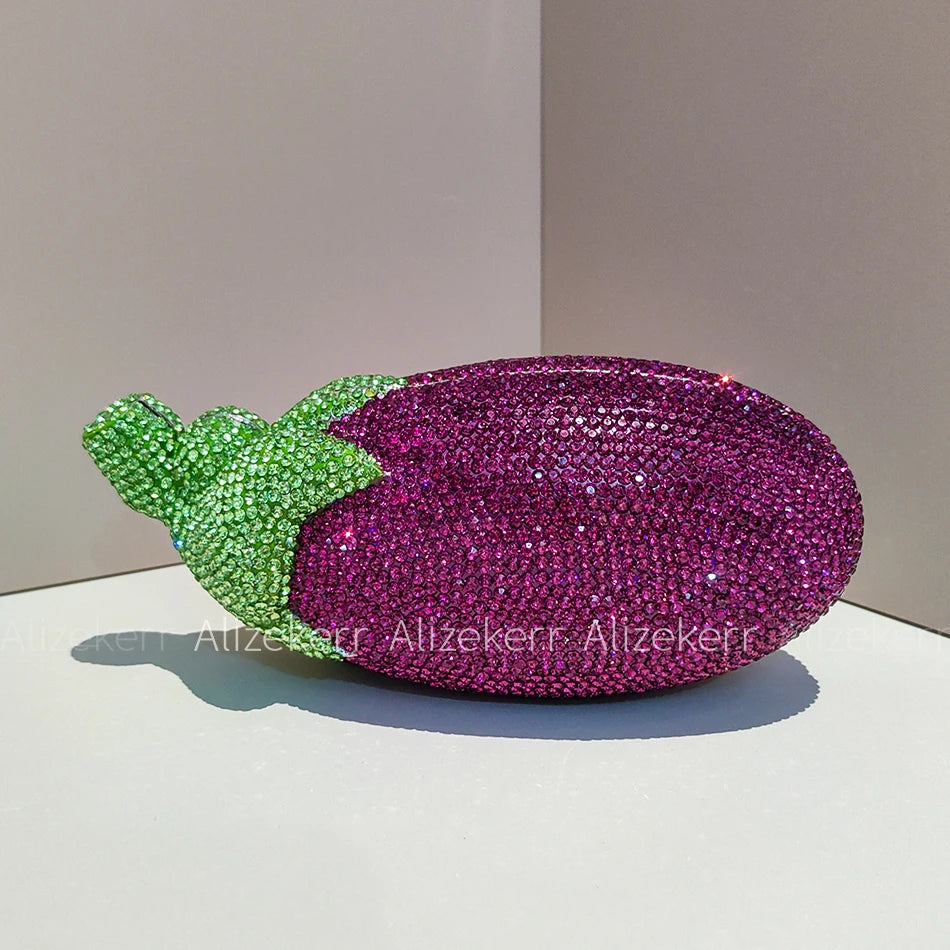 Alizekerr Eggplant Shaped Diamond Evening Bags Women Gorgeous Metallic Rhinestone Purses Ladies Unique Handbags Wedding Party