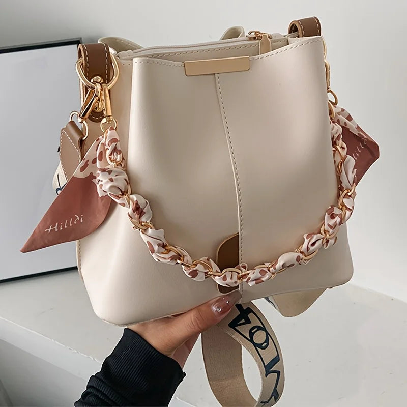KIMLUD, New Fashion Women's Shoulder Bag Large Capacity Ribbon Chain Bucket Bag Crossbody Bag Daily Commuting, KIMLUD Womens Clothes