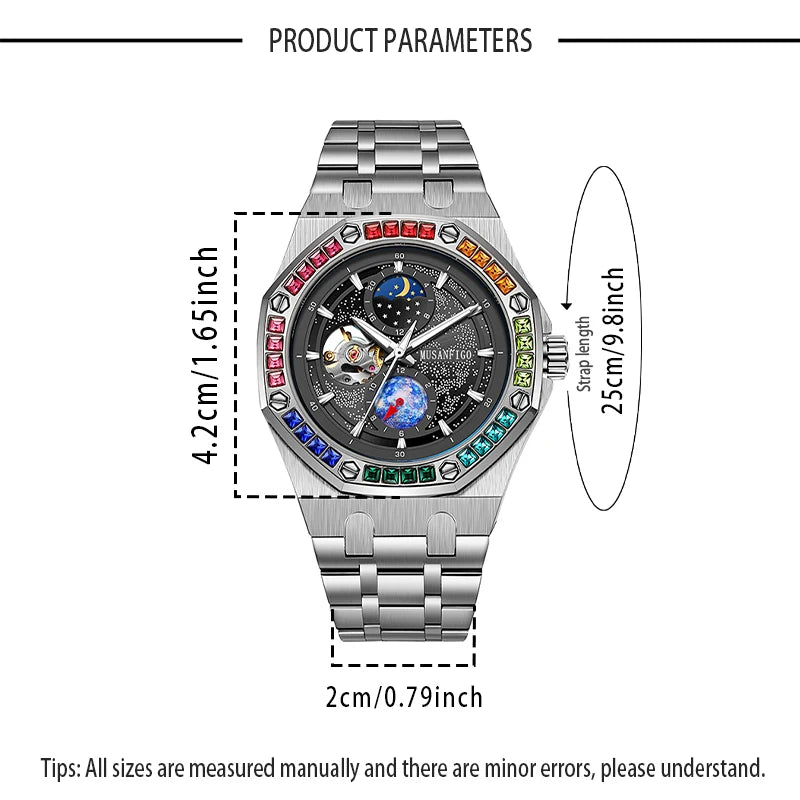 Men's fully automatic mechanical watch, night glow, sun, moon, stars, hollowed out men's watc father's day gift