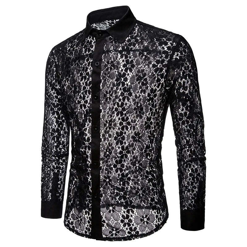 2026 Men's Lace Flowers Embroidery Long Sleeve Shirt Fashion Transparent Sexy Dress Shirts Male See Trough Club Party Tops