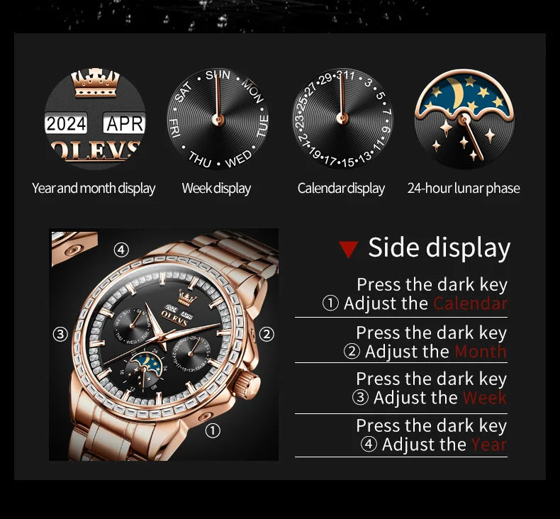Rose-Gold Moon Phase Diamond Bezel Watch — Black | KIMLUD