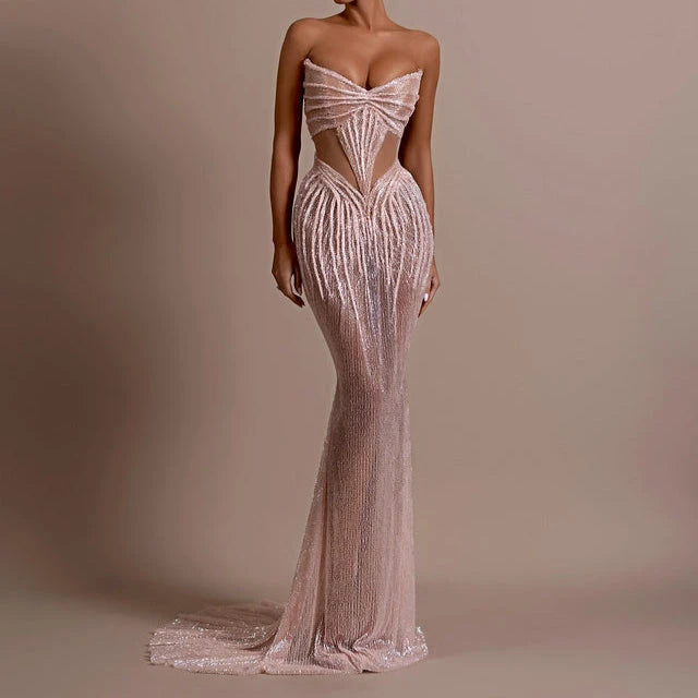Evening Dress – Strapless Beaded Sequin – Mermaid – Red | KIMLUD