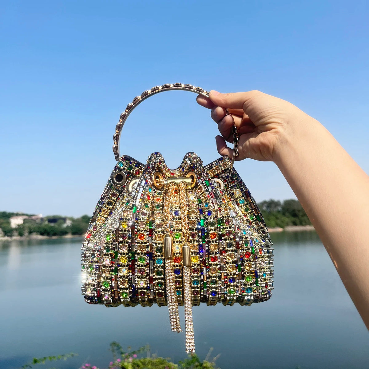 Bucket Bag – Crystal Rhinestone Accent – Polyester | KIMLUD