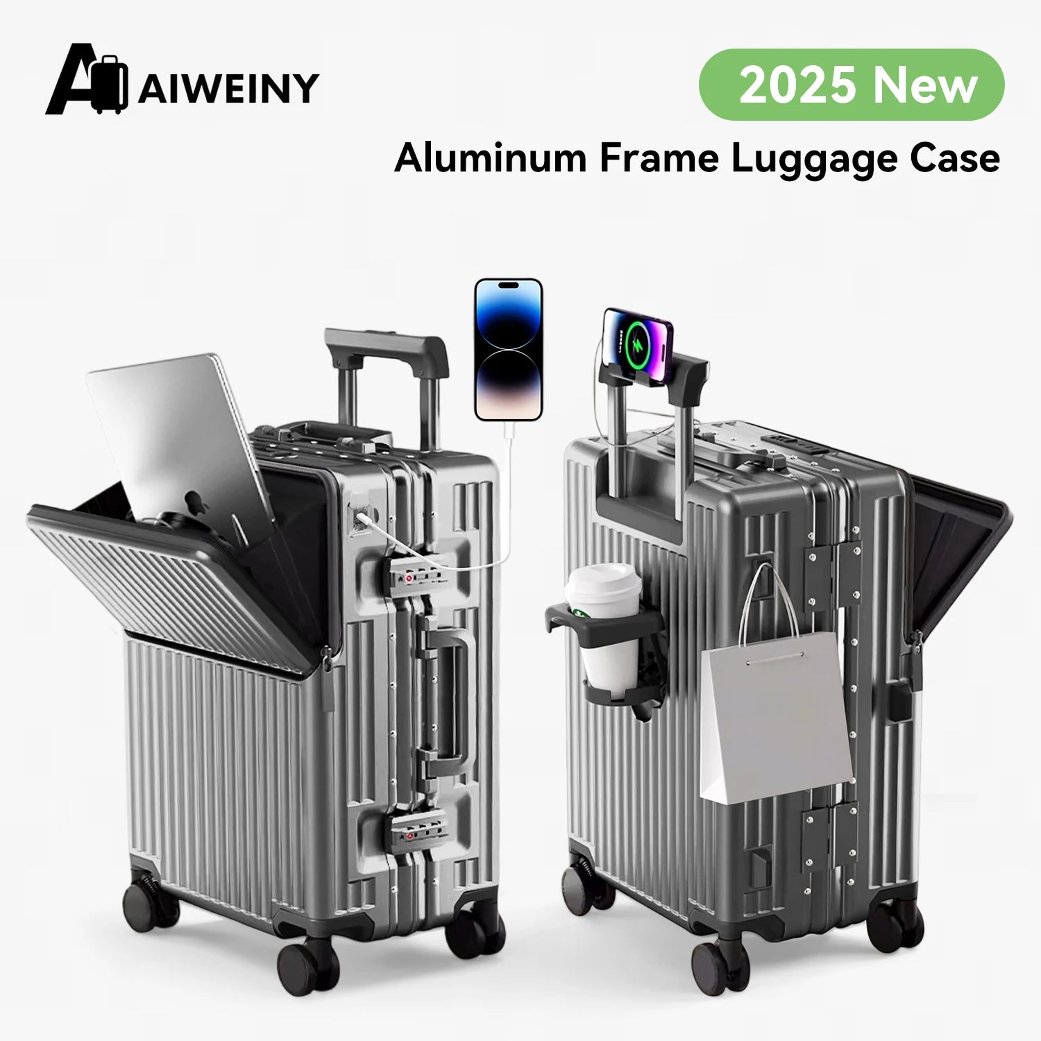 AIWEINY 2025 Aluminum Frame Suitcase PC Hard Shell Pressure-Resistant Travel Luggage, 360° Silent Swivel Wheels, with TSA Lock.