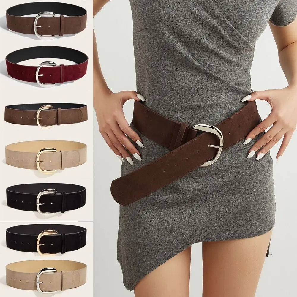Suede Leather Wide Belt Pin Buckle — Black | KIMLUD