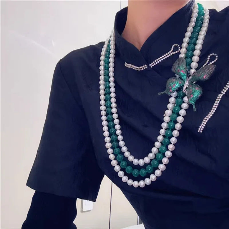 3rows  freshwater pearl white near round 7-8mm &green jade round necklace 80cm
