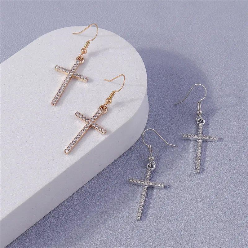 Silver-Tone Cross Earrings Zircon Crystal Dangle — Silver | KIMLUD