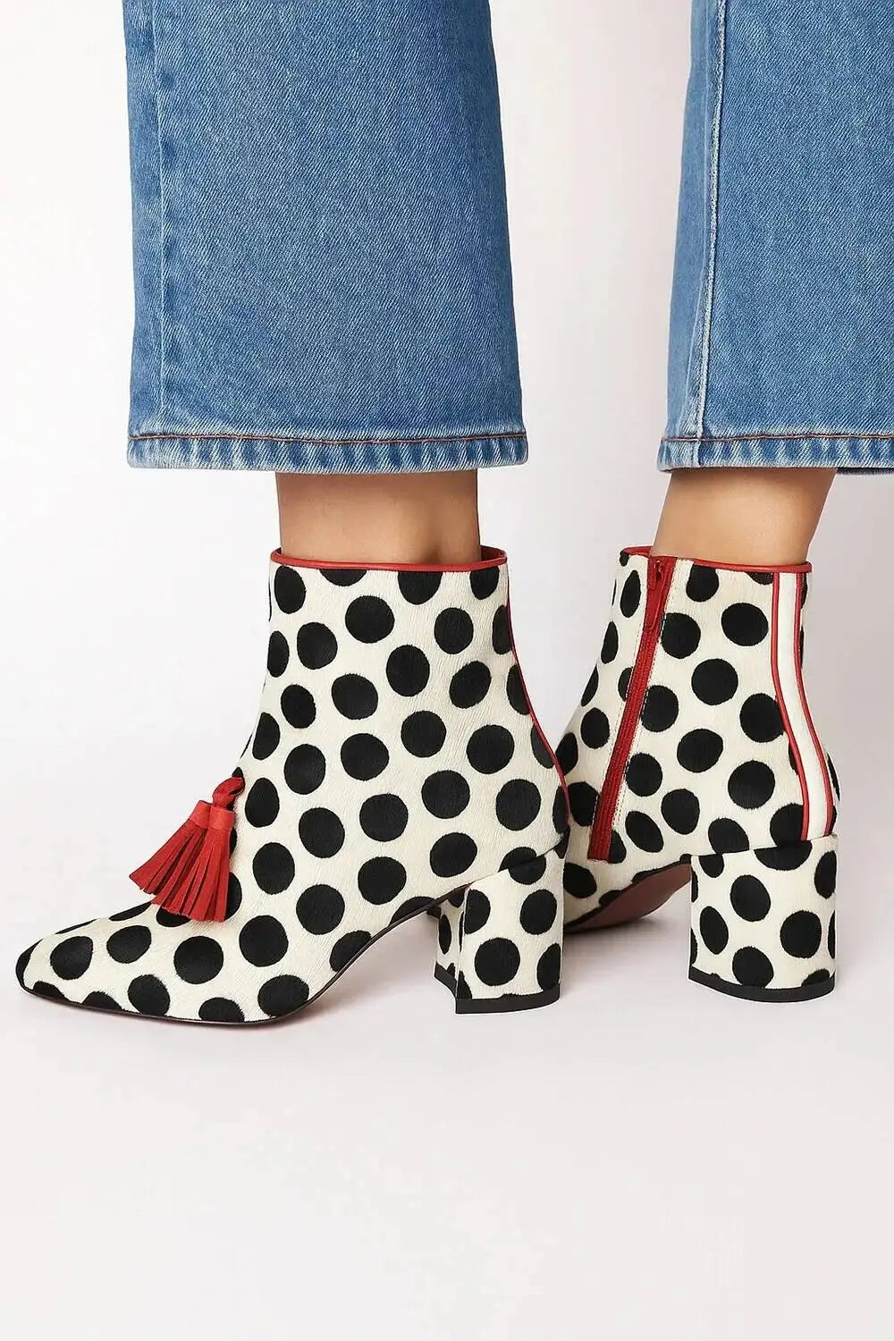 Polka Dot Tassel Ankle Boots Pointed Toe Chunky Heel — Black | KIMLUD