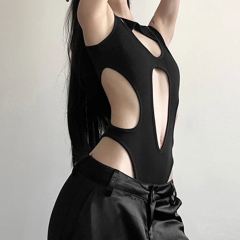 Gothic tops Y2k clothes sexy spicy hollow out bodysuit nigh clubwearr ashion women's patchwork slim fitting jumpsuit top tees