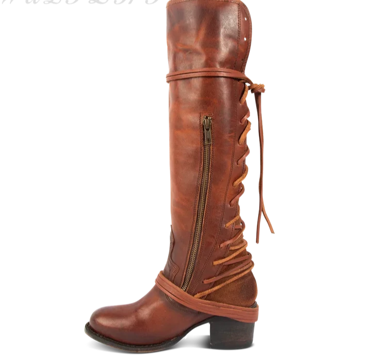 Women's Cross Strap Red Brown Knee High Boots Luxury 2023 Leather Thick High Heel Zipper Pointed Toe Western Ladies Riding Boots