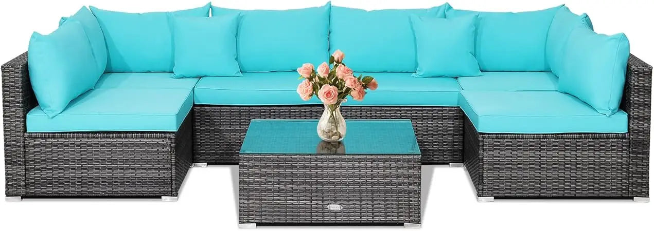 7 Pieces Patio Furniture Set, Patiojoy All-Weather Outdoor Rattan Sectional Sofa Set with Cushions and Tempered Glass Coffee Ta