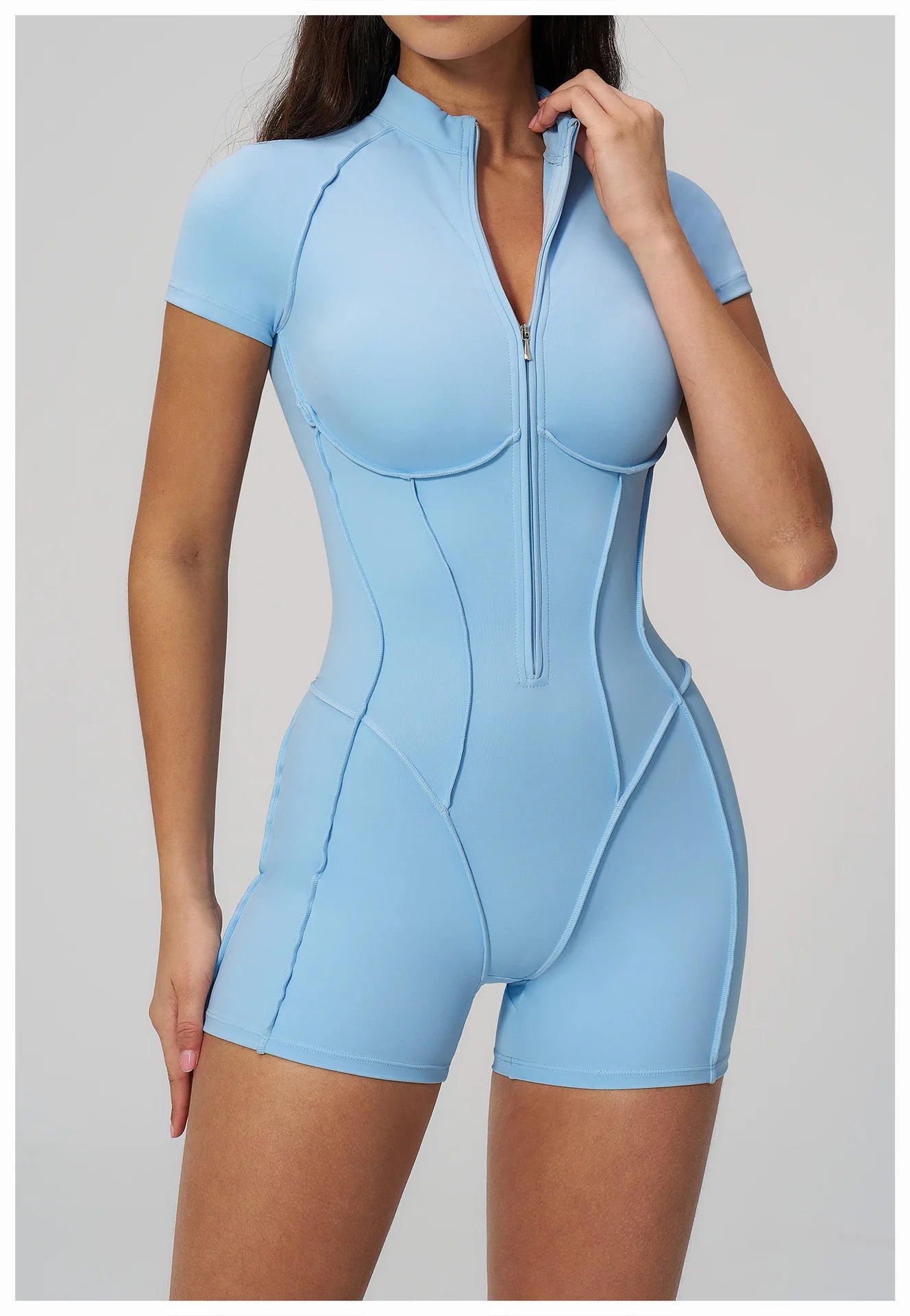 Performance Stretch Jersey Zippered Yoga Bodysuit Short Sleeves For Studio To Street — Red | KIMLUD