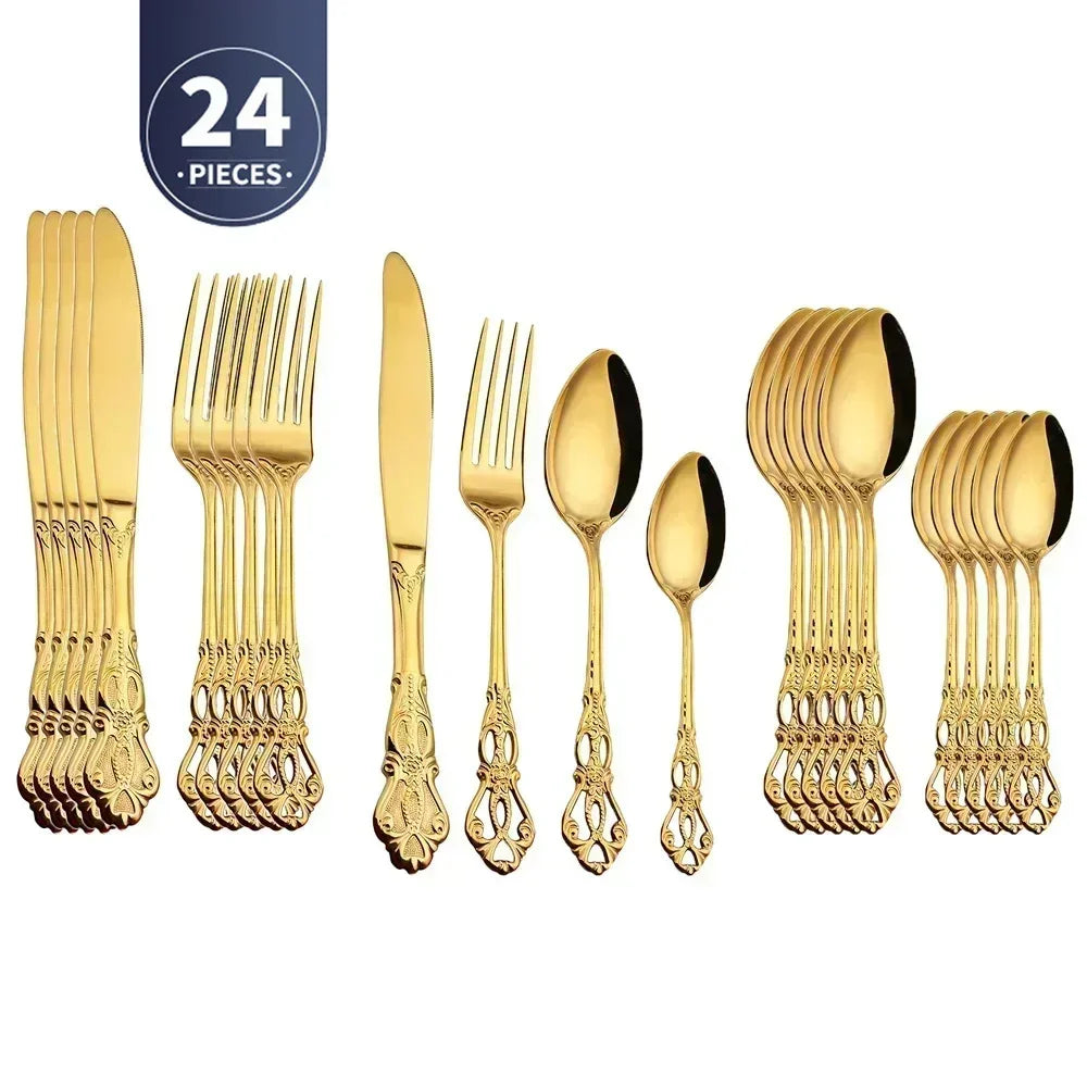 Gold-Plated Stainless Steel Cutlery Set Royal European Spoon Fork Collection — Golden | KIMLUD