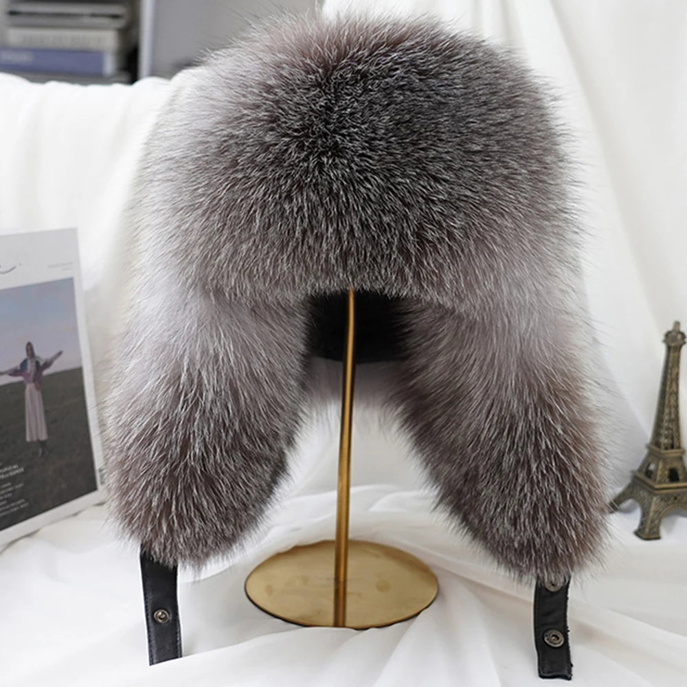 New Winter Men's 100% Real Silver Fox Fur Bomber Hat Raccoon Fur Ushanka Cap Trapper Russian Man Ski Hats Caps Real Leather