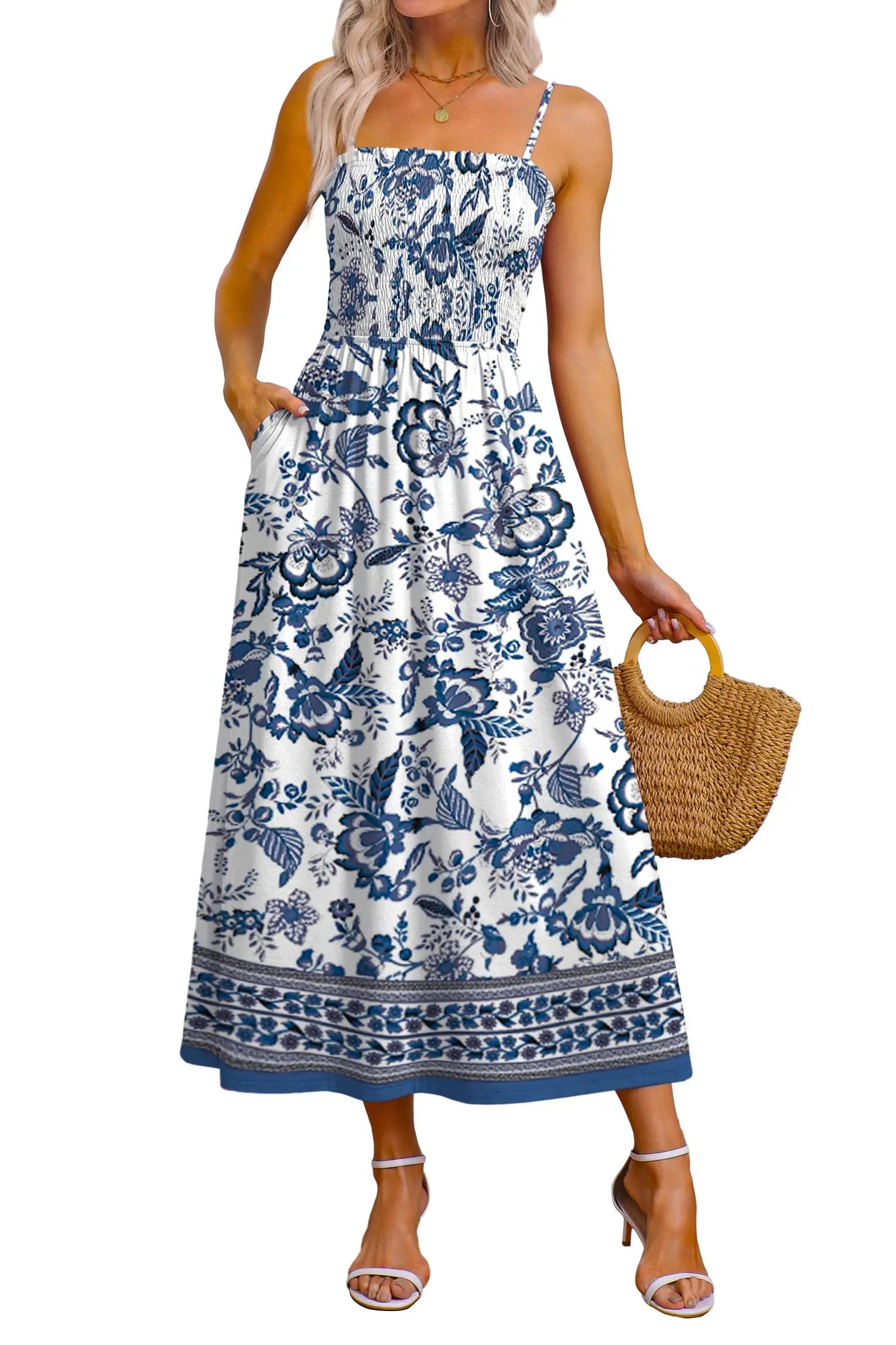 Spaghetti Strap Maxi Dress – Smocked Waist – Polyester Fiber | KIMLUD