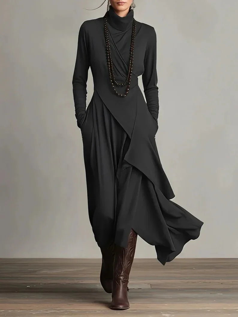 Dresses Cross Turtleneck A-Line Slim Fit — Solid Color | KIMLUD