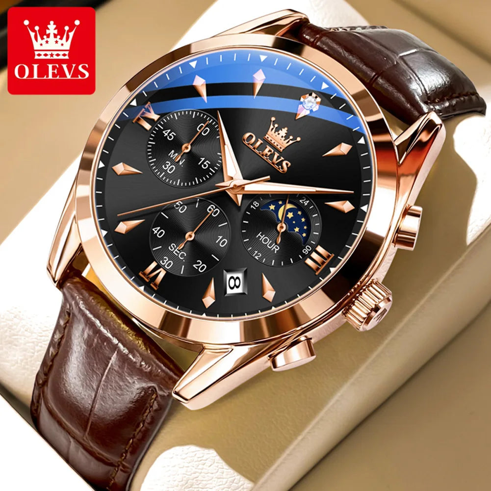 OLEVS Luxury Men's Watches Leather Strap Waterproof Luminous Chronograph Moon Phase Man Watch Top Original Quartz Watch for Men