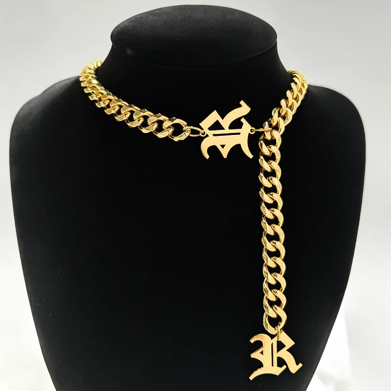 Choker Necklace – Initial Letter Drop – Gold Plated – Gold | KIMLUD