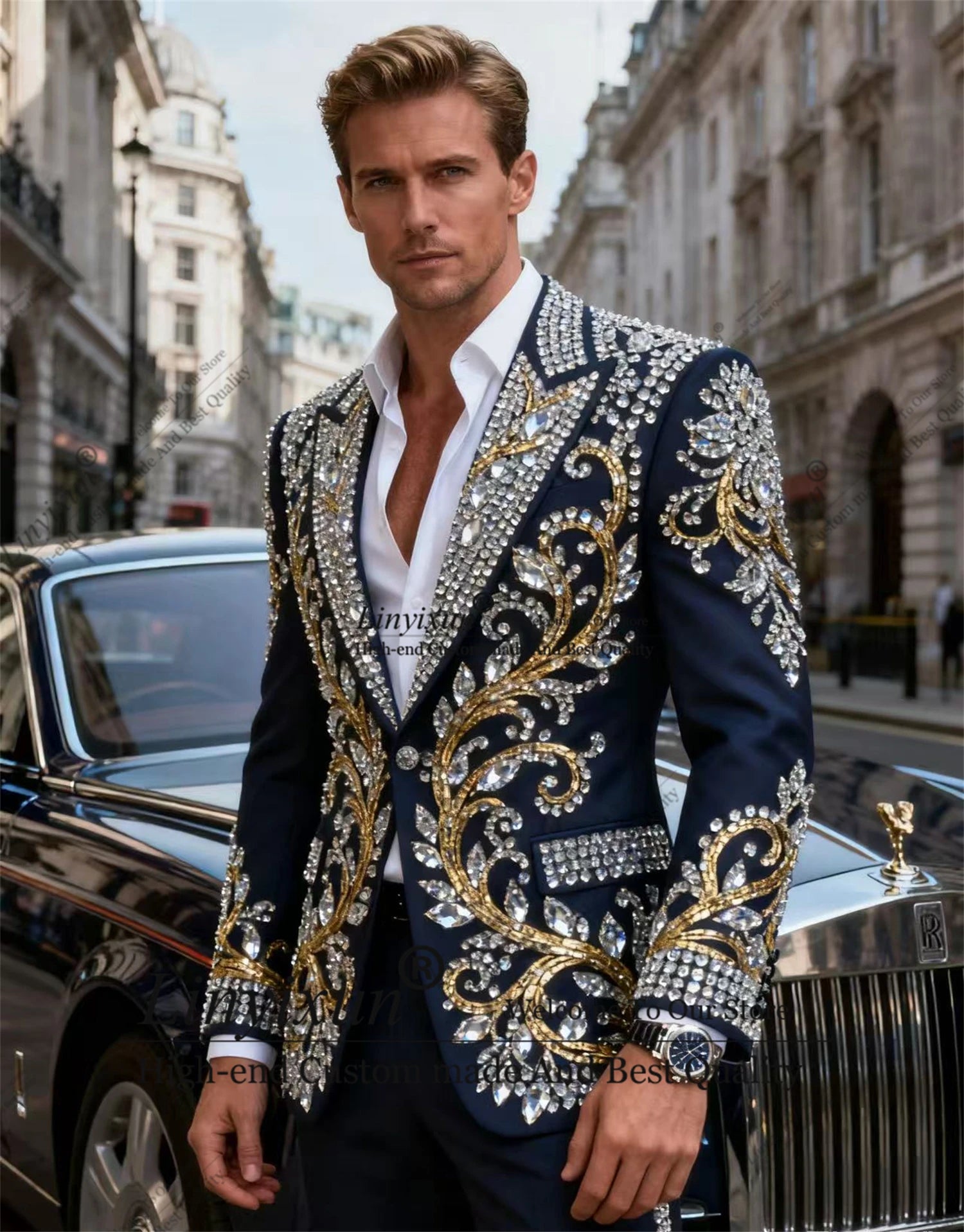 High-end Rhinestone Men Suits Customized Fashion Groom Tuxedo 2 Pieces Sets Male Prom Blazers Slim Fit Wedding Ropa hombre