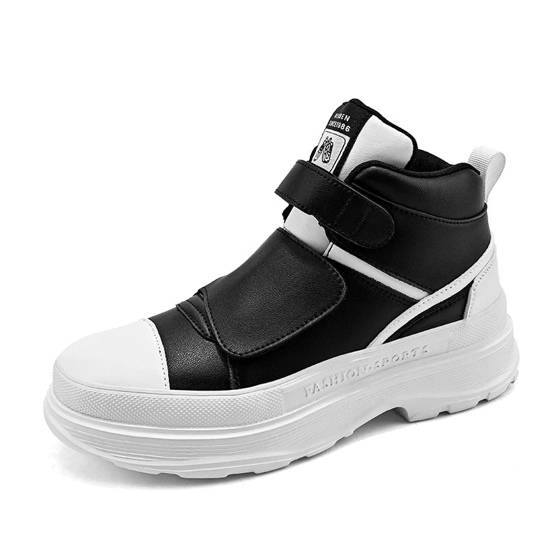 Autumn Men Casual Sneakers Leather Chunky Platform High-top Shoes Ankle Boots Magic Tape Sneakers Male Breathable Sport Shoes 44