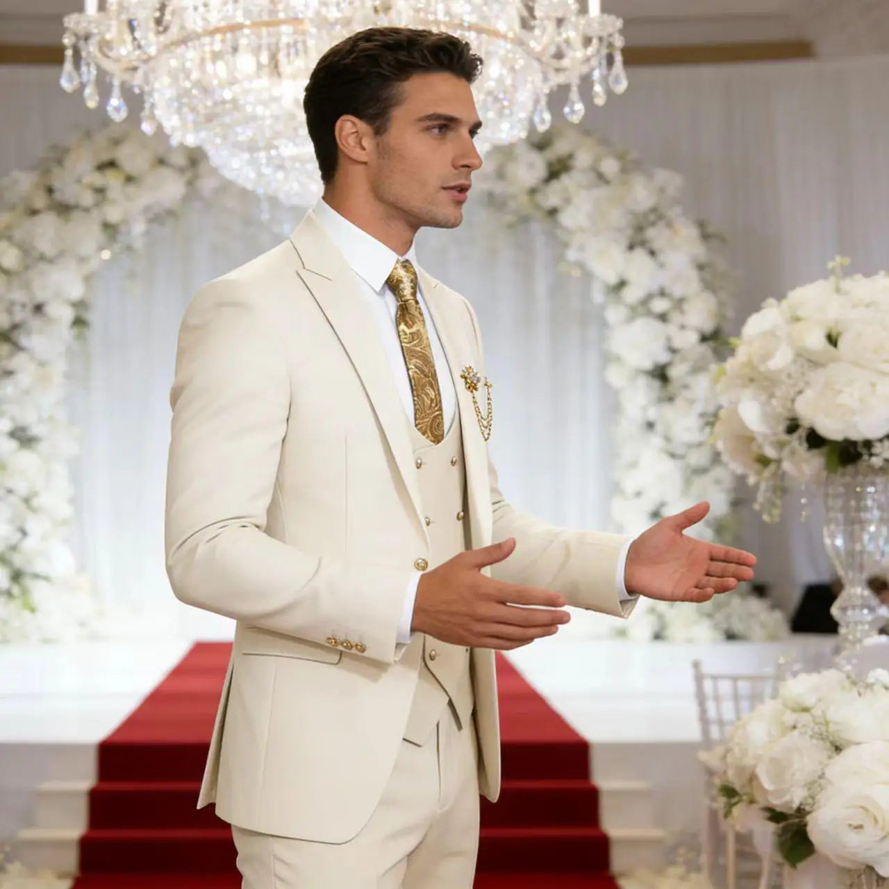 Men's 3-Piece Suit Set Classic One Gold Button Slim Fit Blazer Vest Pants Formal Business Wedding Wear