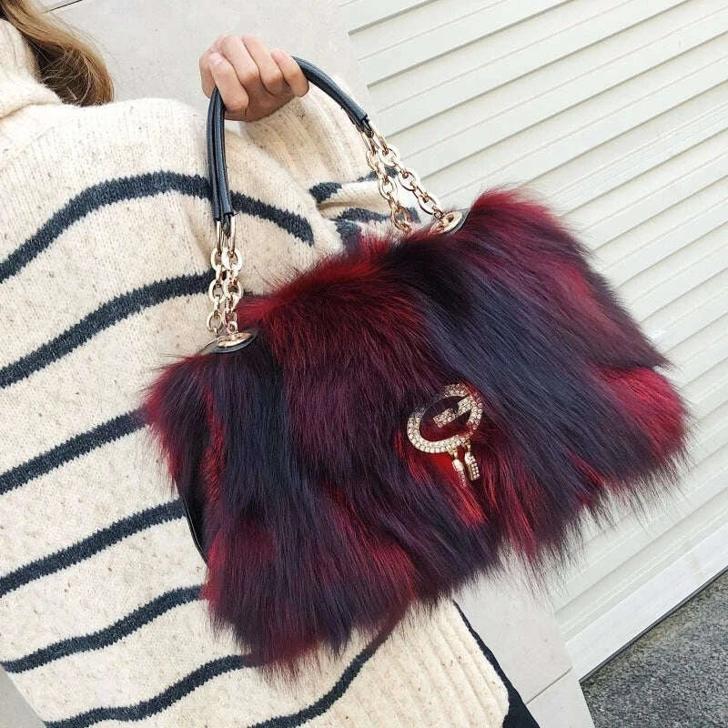 KIMLUD, Fox Fur Women's Bag Fashion Large Capacity Furry Women's Handbag Designer Luxury Bag Handheld Crossbody High End Furry Bags Big, KIMLUD Womens Clothes