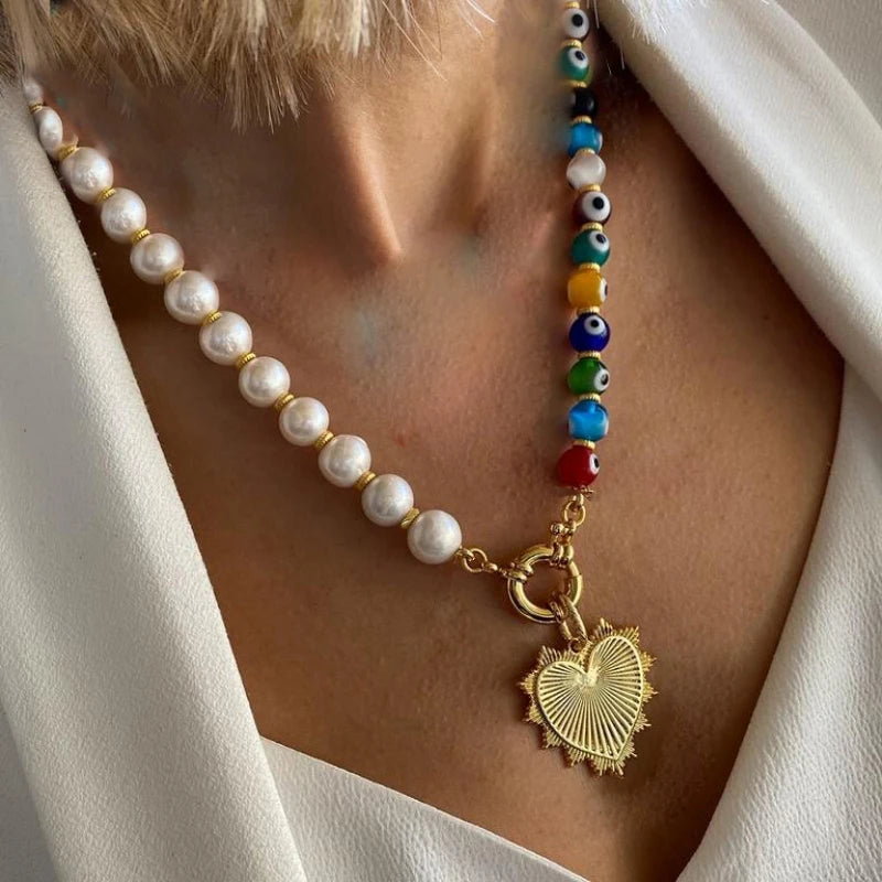 Handmade Lucite Beaded Pearl Choker Necklace — Blue | KIMLUD