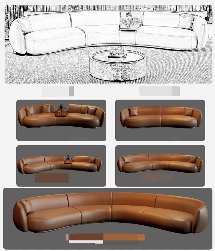 Italian curved leather sofa, premium luxury living room, beauty salon, office and reception area furniture