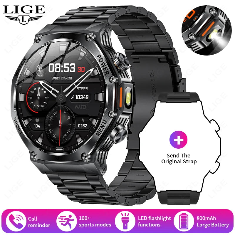 KIMLUD, LIGE New Smart Watch Men 800mAh Ultra Long Battery Life Waterproof Outdoor Sport Watches Bluetooth Call Military Smartwatch 2025, black Steel / smart health watch, KIMLUD APPAREL - Womens Clothes