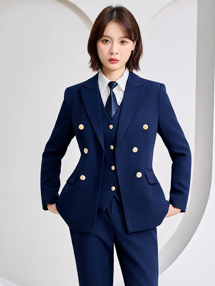 KIMLUD, Autumn Winter Women Vest Blazer and Pant Suit Orange Navy Khaki Office Ladies Formal Business Work Career Wear 3 Pieces Set, KIMLUD Womens Clothes