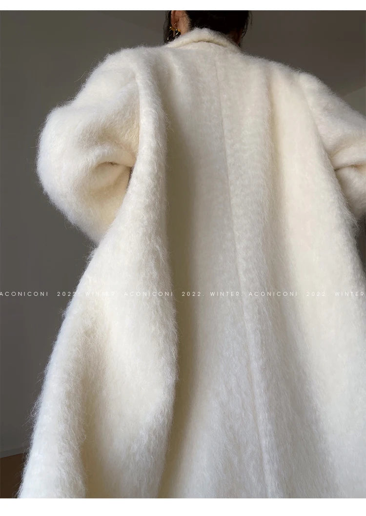 Coat – Double Breasted Long – Wool Blends – White | KIMLUD