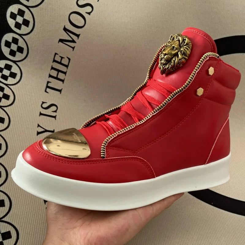 Artificial Leather High-Top Sneakers With Zip Decoration — Black | KIMLUD