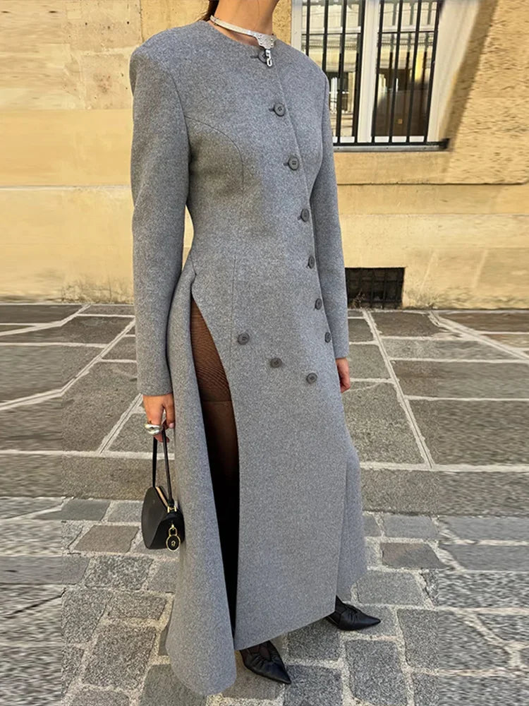 Women's Long Grey Woollen Coat O-neck Full Sleeve Asymmetric Button Design Elegant Silhouette Warm Outerwear 2025 Autumn Coat