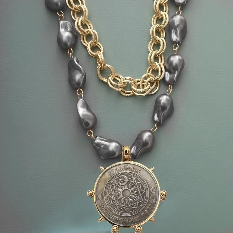 Choker Necklace - Coin Charm Pendant - Cubic Zirconia - Grey | KIMLUD