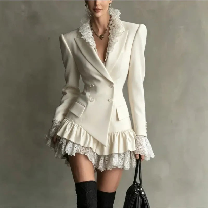 Mini Dress – Double Breasted Lapel – Lace Ruffle Silhouette – Polyester | KIMLUD