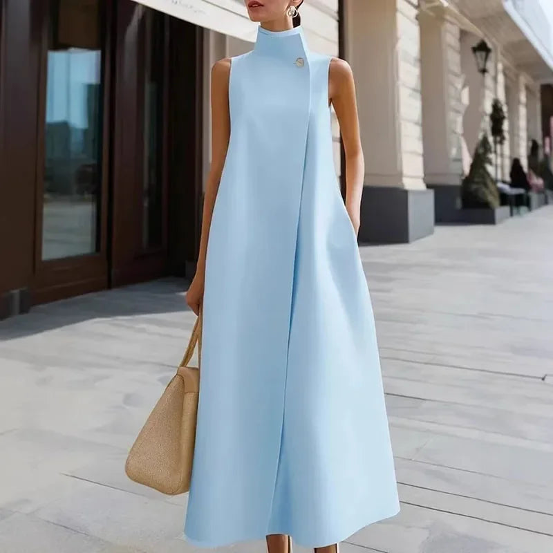 Maxi Dress – High Neck Button Detail – Polyester | KIMLUD