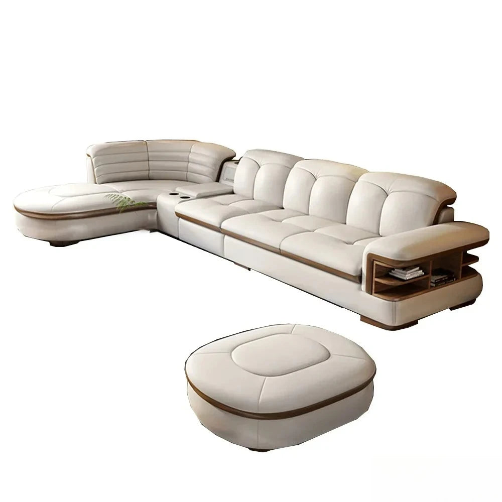 Genuine Leather Solid L-Shaped Sofa — Black | KIMLUD