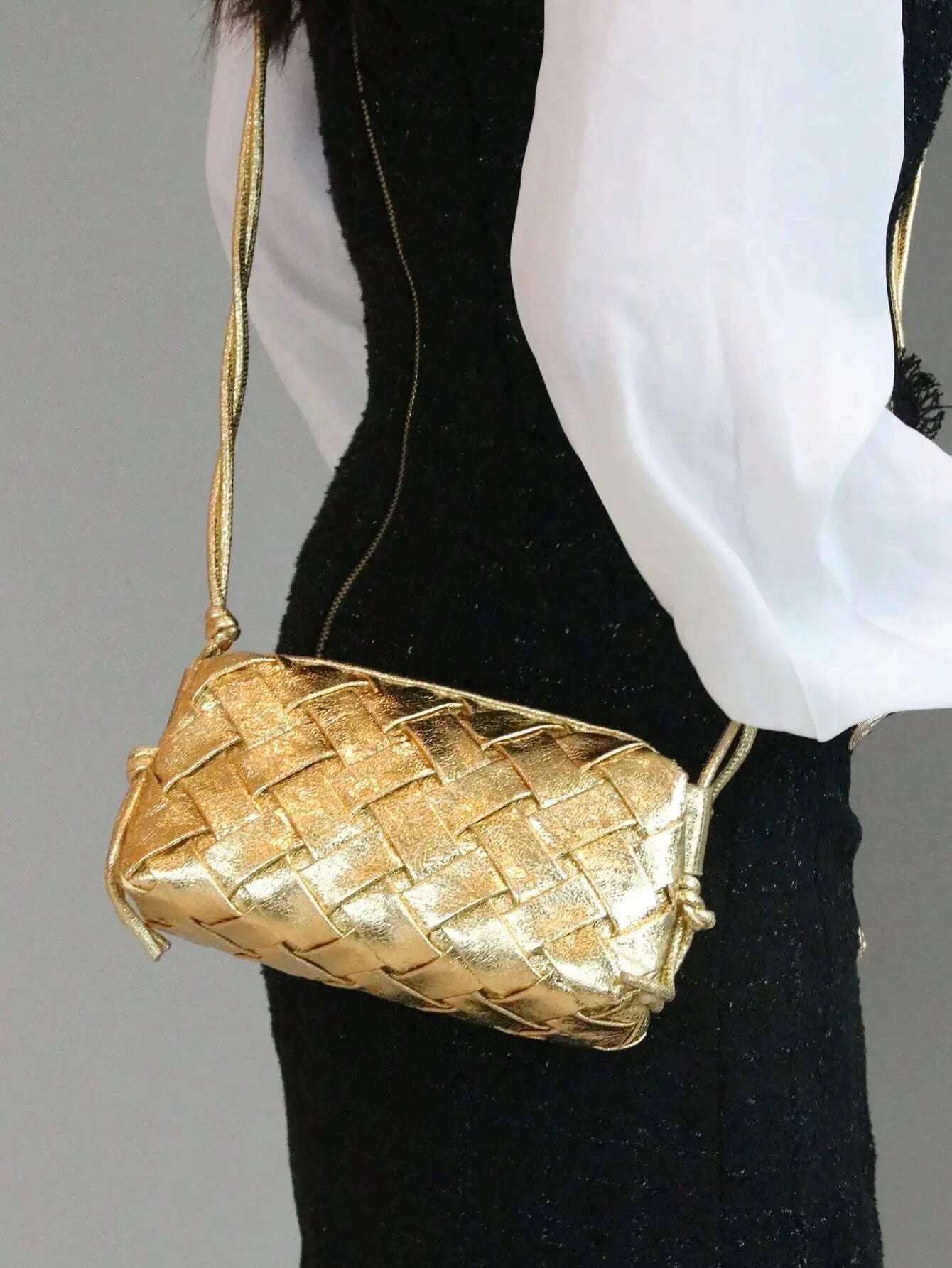 KIMLUD, 2024 new woven handbag fashion trend burst crack gold woven embossed shoulder slung bag Joker mini mobile phone bag shoulder str, KIMLUD Womens Clothes