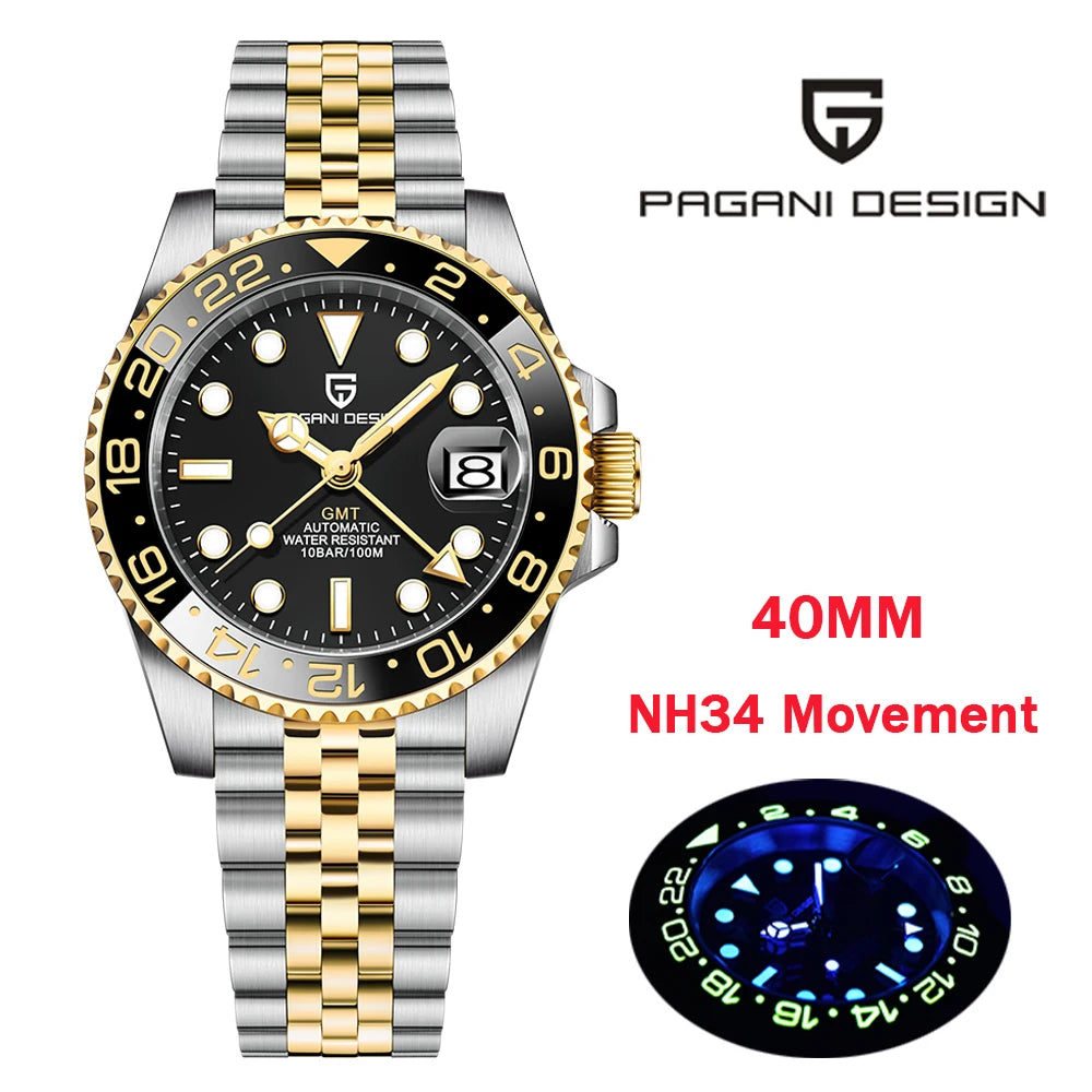 PAGANI DESIGN New NH34 Men Mechanical Watches Top Brand Sapphire Glass GMT Watch 10BAR Waterproof Stainless Steel Watch for Men