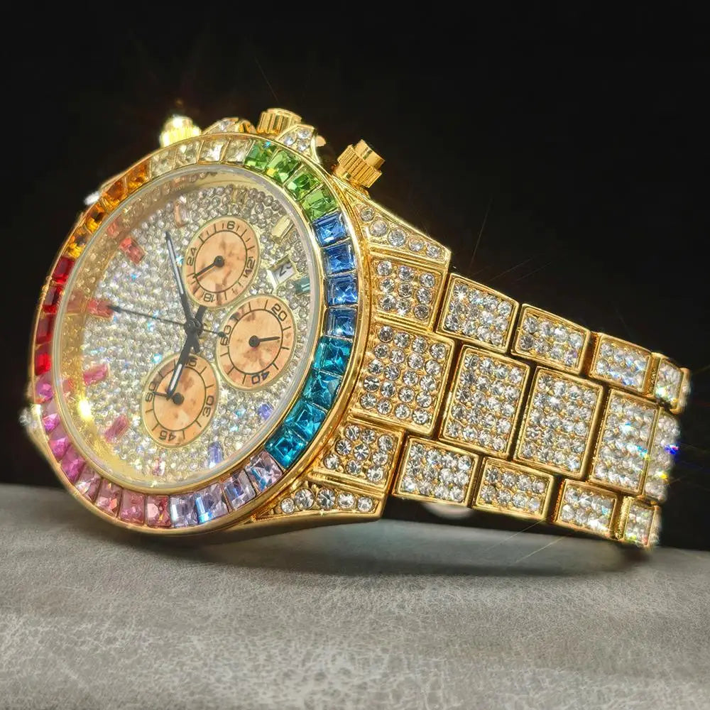 Gold Stainless Steel Watch Rainbow Diamond — Gold | KIMLUD