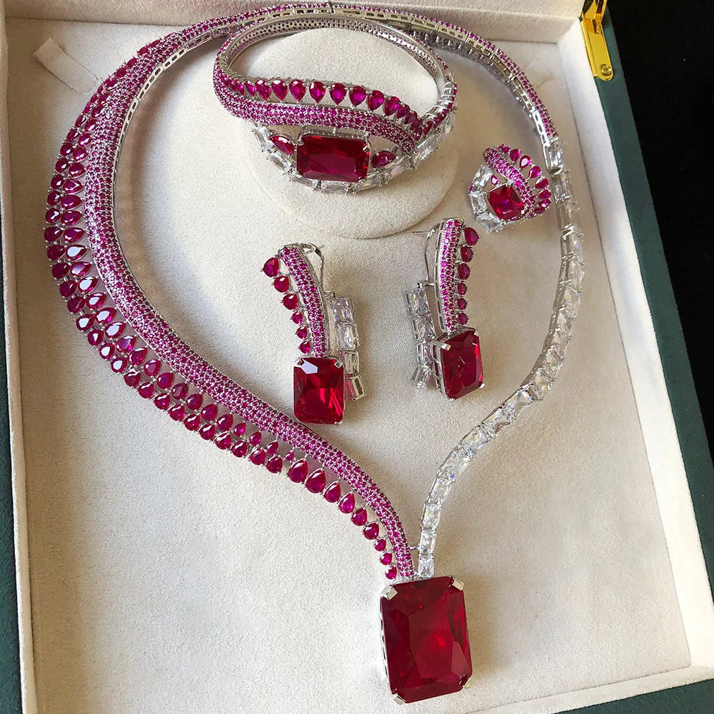 GODKI New Trendy 4PCS Pink Multi Luxury Feather Jewelry Set For Women Wedding Party Zircon Crystal Dubai Bridal Necklace Gift