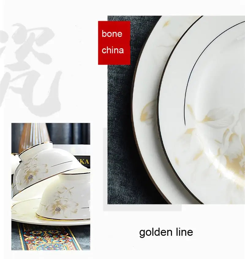 Bone China Dinnerware Set 46-Piece Gold Rim — Ivory White | KIMLUD