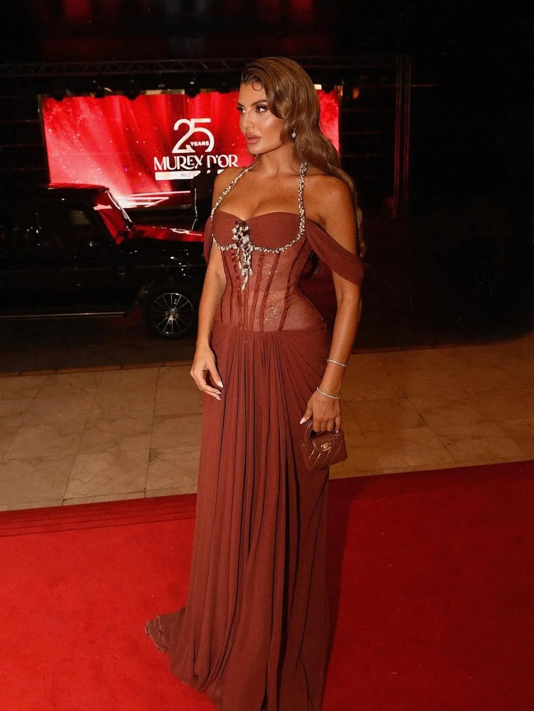 Evening Dress – Beaded Halter Neck – Chiffon Silhouette – Burgundy | KIMLUD