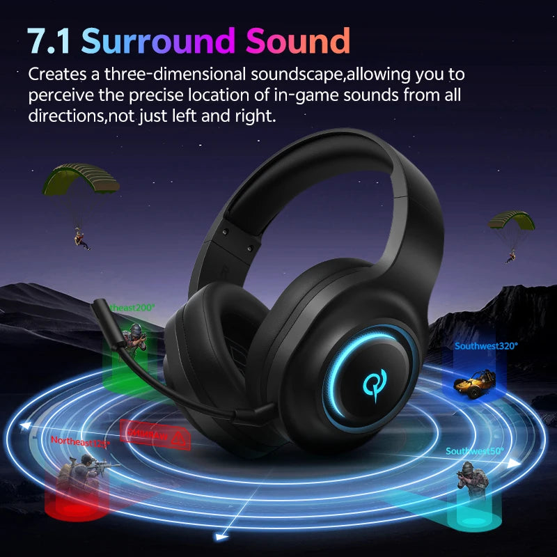 KIMLUD, QCY Heroad V200 Gaming Over Ear Headphone Wireless Bluetooth 6.0 with Mic 50mm Driver 7.1 Surround Sound Dynamic EQ RGB Headset, KIMLUD Womens Clothes