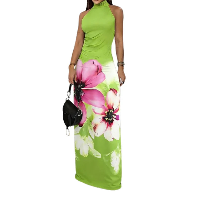 Halter Neck Maxi Dress - Floral Printed - Polyester | KIMLUD