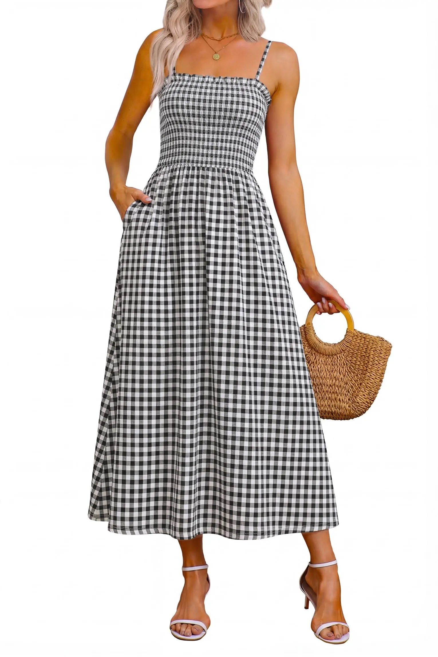 Spaghetti Strap Maxi Dress – Smocked Waist – Polyester Fiber | KIMLUD