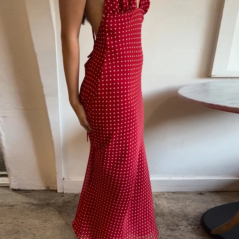 Maxi Dress Polka Dot V-Neck Tie-Back Spaghetti Straps — Navy | KIMLUD